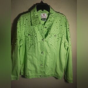 Quacker Factory Jacket Women L Green Pearl Bling Jean Jacket Artsy Boho